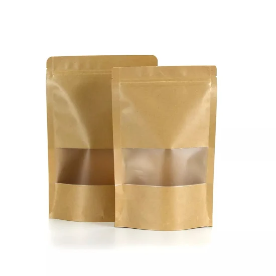 Bolsa Ziplock impresa personalizada de reciclaje marrón, embalaje de café, bolsa de comida con cremallera de papel Kraft Doypack barato con ventana